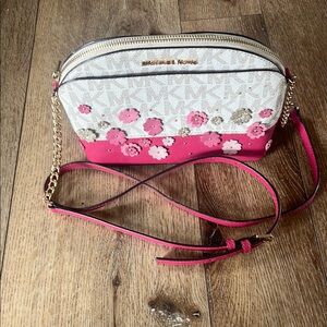 Michael Kors Pink and Gold Crossbody Bag with Floral Design